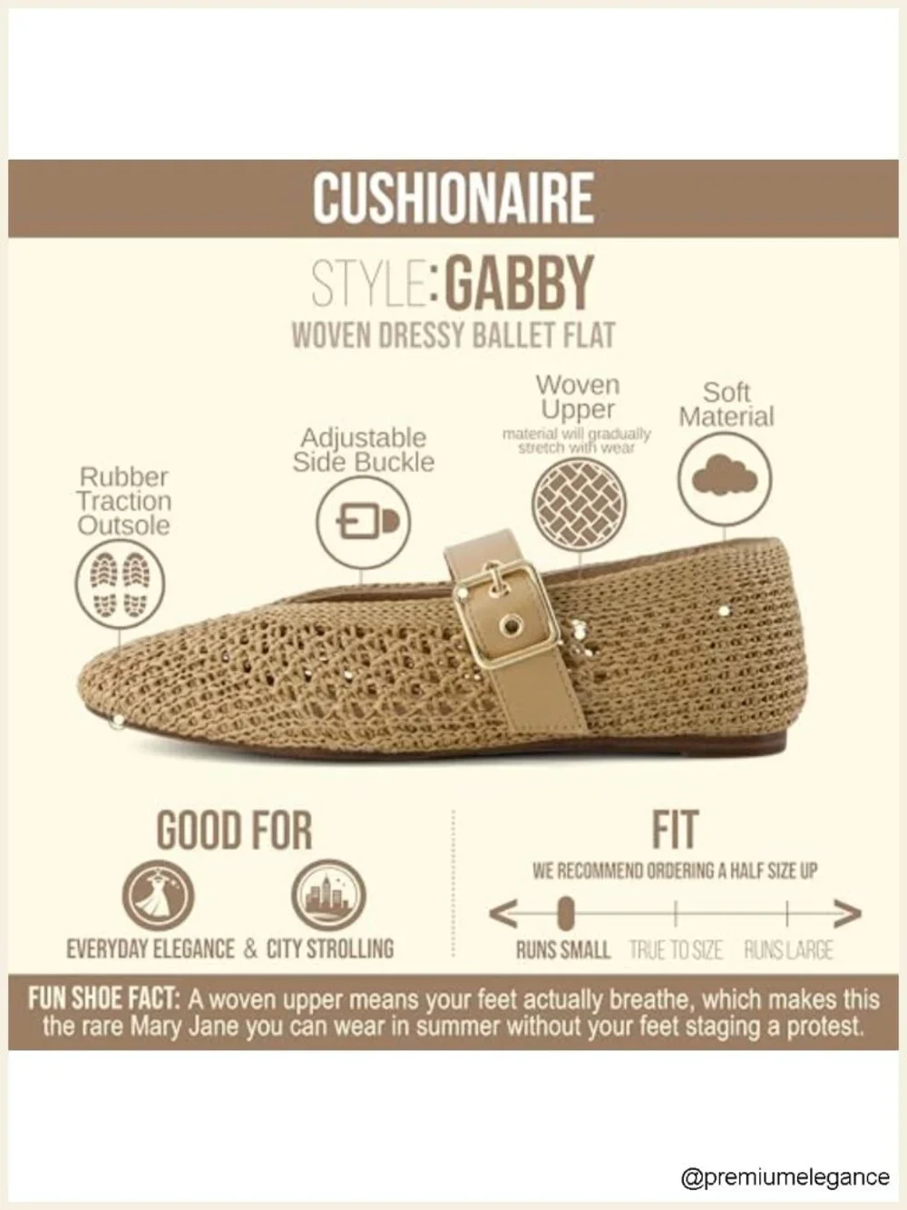 Woven Mary Jane Ballet Flats with Memory Foam Cushioning, Adjustable Gold-Tone